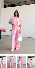 Pink High waisted sweatpants two pieces set 4022
