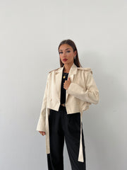 Removable sleeves cropped jacket with belt 3042