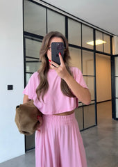 Pink High waisted sweatpants two pieces set 4022