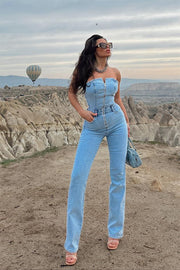 Strapless zippered denim jumpsuit