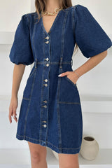 Mini half sleeved balloon denim dress