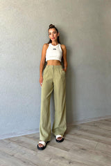 KHAKI  LINEN PALAZZO STRAIGHT PANTS 3022