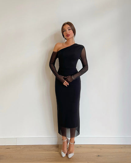 One shoulder full sleeved tulle dress 3051
