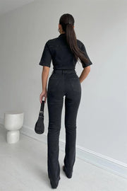 Pocketed half sleeved denim jumpsuit