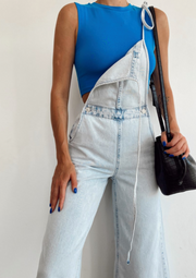 Wide leg denim overalls with straps