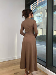 Half-Neck Long Sleeve Metal Belted Skirt Slit Dress 3070