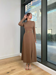 Half-Neck Long Sleeve Metal Belted Skirt Slit Dress 3070