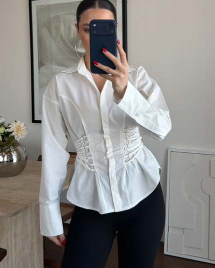 Waist detailed white poplin shirt 4066
