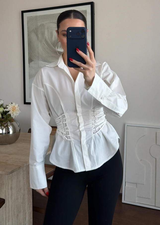 Waist detailed white poplin shirt 4066