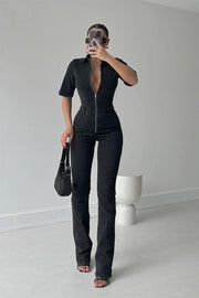 Pocketed half sleeved denim jumpsuit