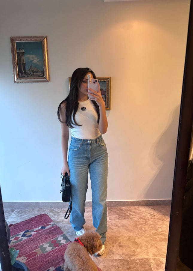 High waisted straight jeans light blue 4073