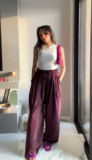 White wide legged soft fabric summer pants 4023