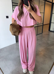Pink High waisted sweatpants two pieces set 4022