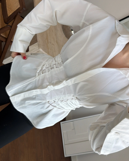 Waist detailed white poplin shirt 4066