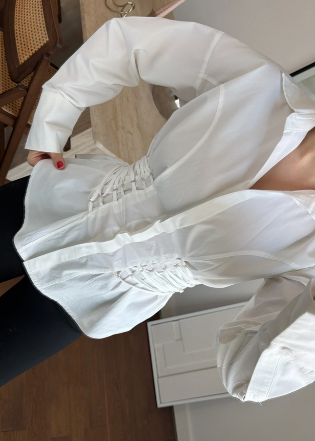 Waist detailed white poplin shirt 4066