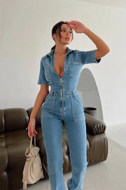 Pocketed half sleeved denim jumpsuit