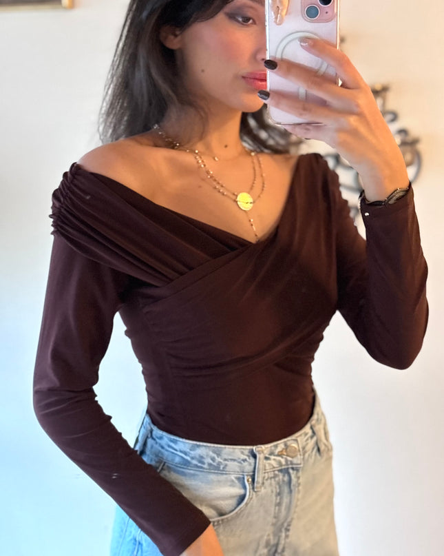 Long sleeve V neck off shoulder top 4059