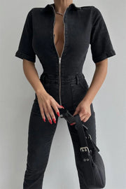 Pocketed half sleeved denim jumpsuit