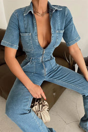 Pocketed half sleeved denim jumpsuit