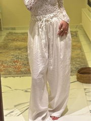 White wide legged soft fabric summer pants 4023