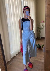 Wide leg denim overalls with straps