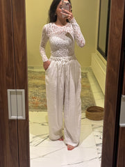 White wide legged soft fabric summer pants 4023