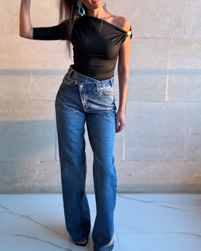 Gold chain shoulder detailed lycra top 4025