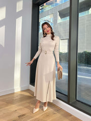 Half-Neck Long Sleeve Metal Belted Skirt Slit Dress 3070