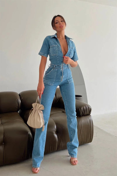 Pocketed half sleeved denim jumpsuit