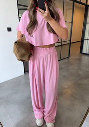Pink High waisted sweatpants two pieces set 4022