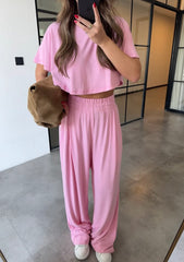 Pink High waisted sweatpants two pieces set 4022