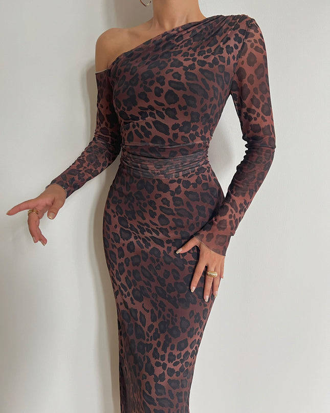 One shoulder full sleeved leopard tulle dress 3053