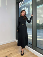 Half-Neck Long Sleeve Metal Belted Skirt Slit Dress 3070