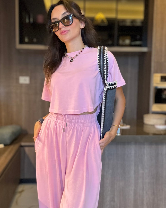 Pink High waisted sweatpants two pieces set 4022