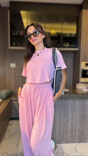 Pink High waisted sweatpants two pieces set 4022