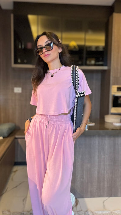 Pink High waisted sweatpants two pieces set 4022