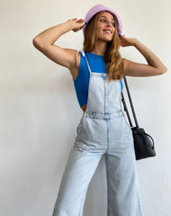 Wide leg denim overalls with straps