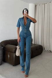 Pocketed half sleeved denim jumpsuit