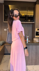 Pink High waisted sweatpants two pieces set 4022