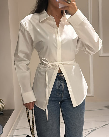 Shoulder padded waist detailed poplin shirt 4017