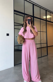 Pink High waisted sweatpants two pieces set 4022