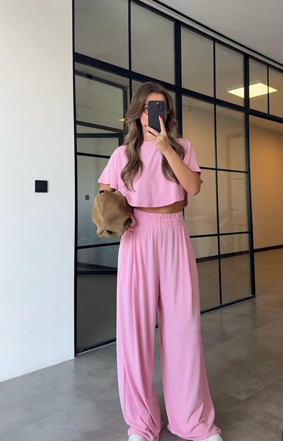 Pink High waisted sweatpants two pieces set 4022