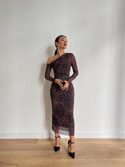 One shoulder full sleeved leopard tulle dress 3053