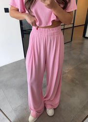 Pink High waisted sweatpants two pieces set 4022