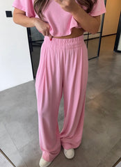 Pink High waisted sweatpants two pieces set 4022