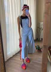 Wide leg denim overalls with straps