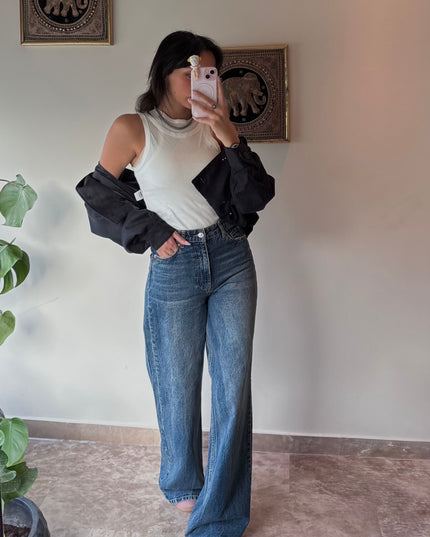 HIGH WAISTED WIDE LEG JEANS DARK BLUE 4049