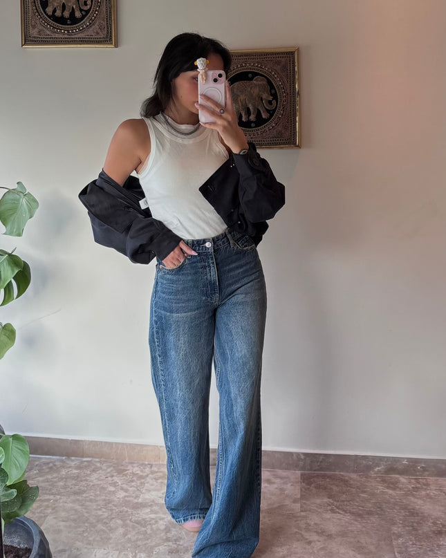 HIGH WAISTED WIDE LEG JEANS DARK BLUE 4049