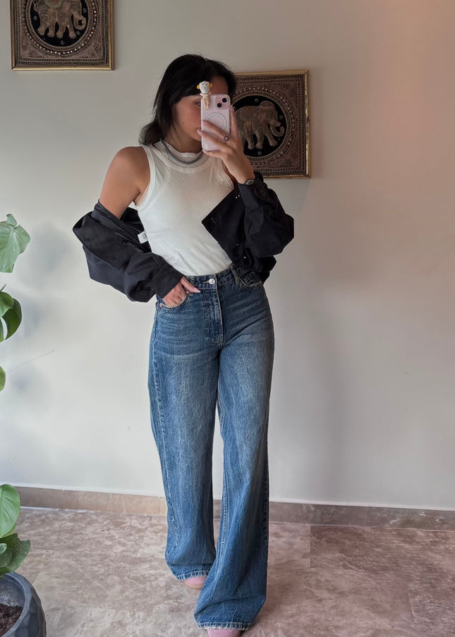 HIGH WAISTED WIDE LEG JEANS DARK BLUE 4049