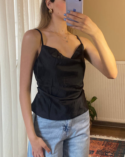Double silk thin straps open neck top 3081